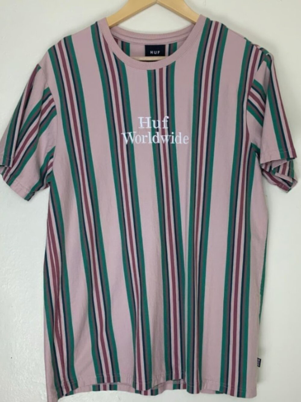HUF Worldwide Mens L Striped T-Shirt Crew Neck Embroidered Skate Tee Pink Green